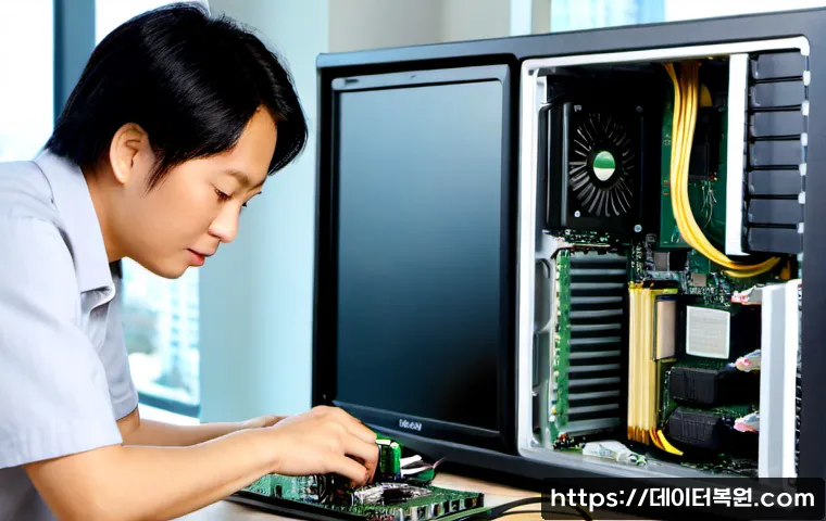 일산동구 cpu조립 및 교체수리 - Photorealistic computer repair workstation in Ilsandong-gu, technician carefully installing a new de...