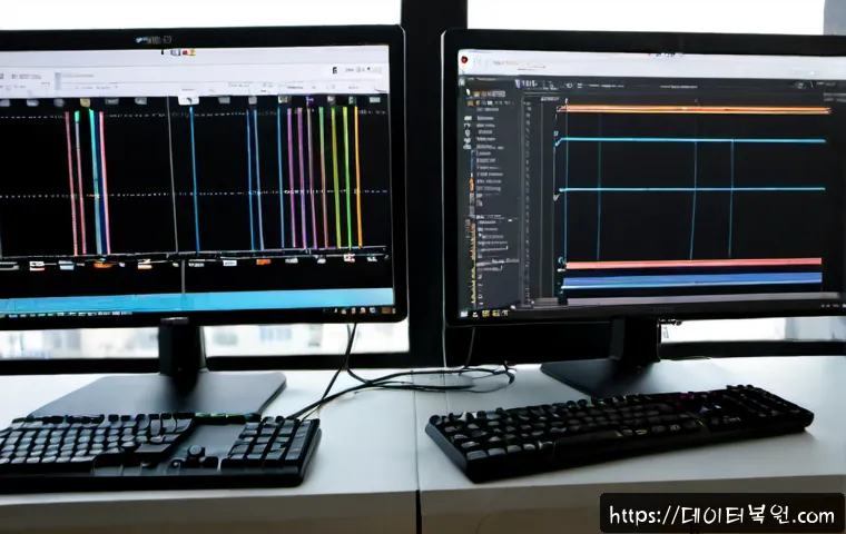 현저동 THREAD_TERMINATION_PORT - Photorealistic remote-support workstation in a compact hillside Seoul apartment, dual monitors showi...