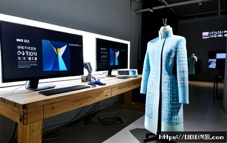 동대문 KMODE_EXCEPTION_NOT_HANDLED - Photorealistic fashion design workstation in Dongdaemun, dual monitors showing a frozen garment-patt...