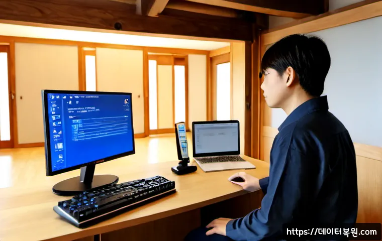 익선동 BAD_SYSTEM_CONFIG_INFO - Photorealistic remote-support workstation inside a renovated hanok office in Ikseon-dong, desktop mo...