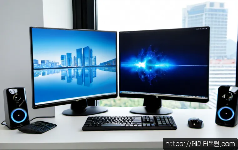 일원동 STATUS_STACK_BUFFER_OVERRUN - Photorealistic IT support workstation in a modern apartment office, dual monitors showing abstract b...