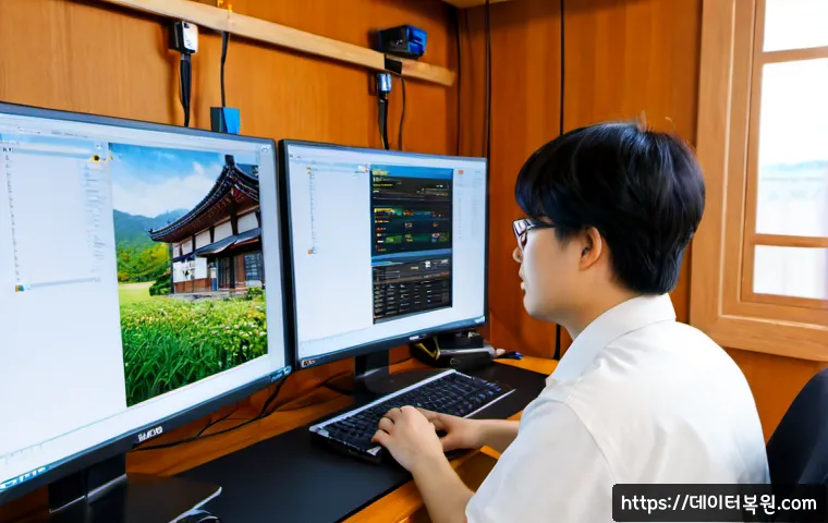 관철동 운영체제 os 재설치 포맷  초기화 - Photorealistic IT technician reinstalling an operating system on a dual-monitor workstation, recover...