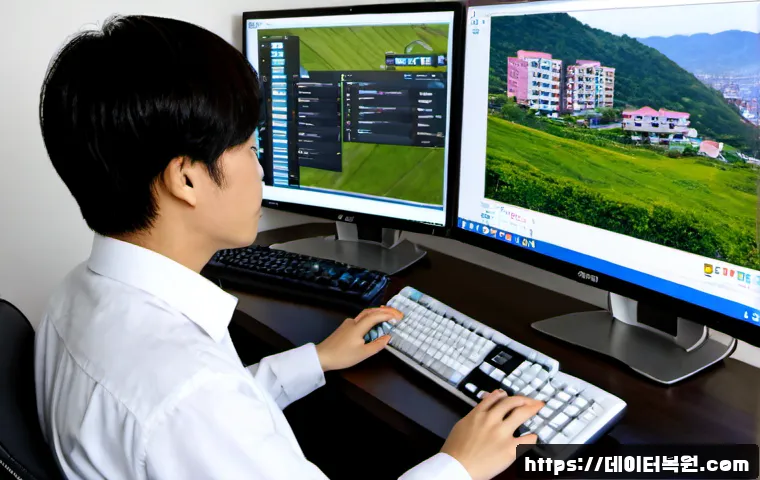 상도동 all boot options are tried - Photorealistic remote-support workstation in a Sangdo-dong apartment, desktop tower connected to dua...