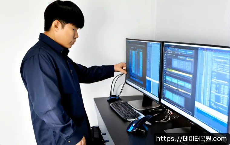용강동 CRITICAL_PROCESS_DIED - Photorealistic IT support workstation in a compact Seoul office near Yonggang, dual monitors showing...