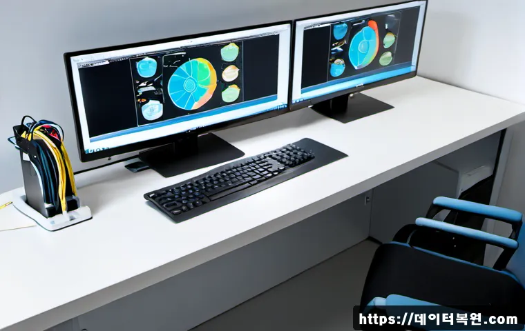 서린동 THREAD_TERMINATION_PORT - Photorealistic IT support workstation in a compact Seoul office district, dual monitors showing a de...