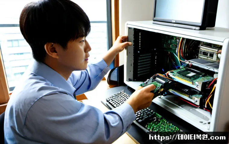 행당동 컴퓨터업그레이드 - Photorealistic computer upgrade workstation in a compact Haengdang-dong apartment, technician instal...