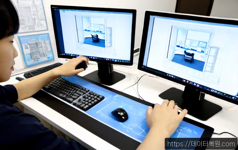 회현동 pc에 문제가 발생하여 다시 시작해야 합니다 - Photorealistic remote-support scene in a compact Hoehyeon-dong design studio, dual-monitor workstati...