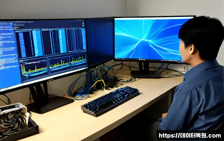 미성동 VIDEO_TDR_FAILURE - Photorealistic IT support workstation in a modest residential district office, dual monitors showing...