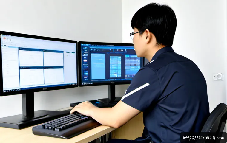 암사동 STATUS_IMAGE_NOT_FOUND - Photorealistic software support workstation in Amsa-dong, a technician using a dual-monitor desktop ...