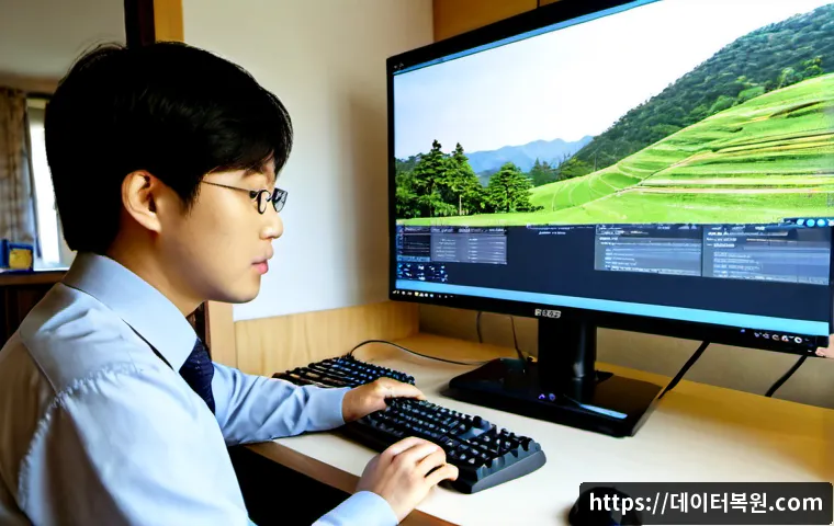 성북동 POOL_HEADER_CORRUPTION - Photorealistic remote-support workstation in a quiet hillside home office, dual monitors showing a C...