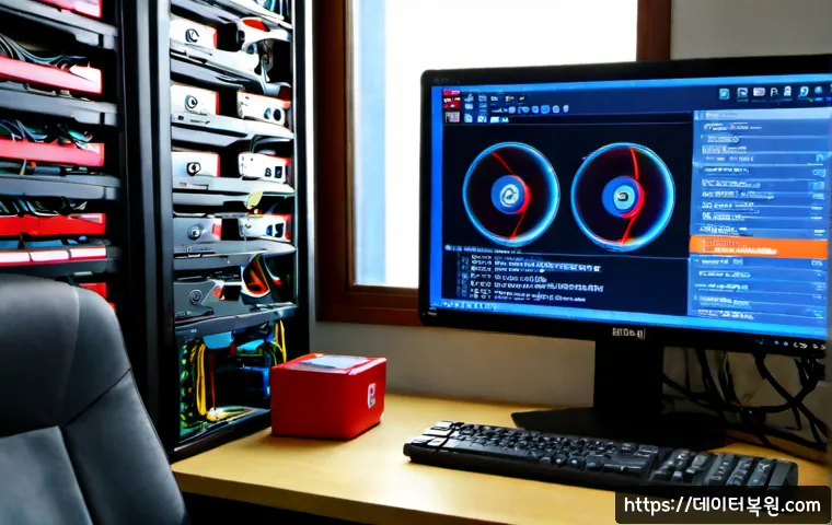 마두동 STATUS_DISK_WRITE_FAILURE - Photorealistic IT support workstation in a modern office near a quiet suburban Korean apartment dist...