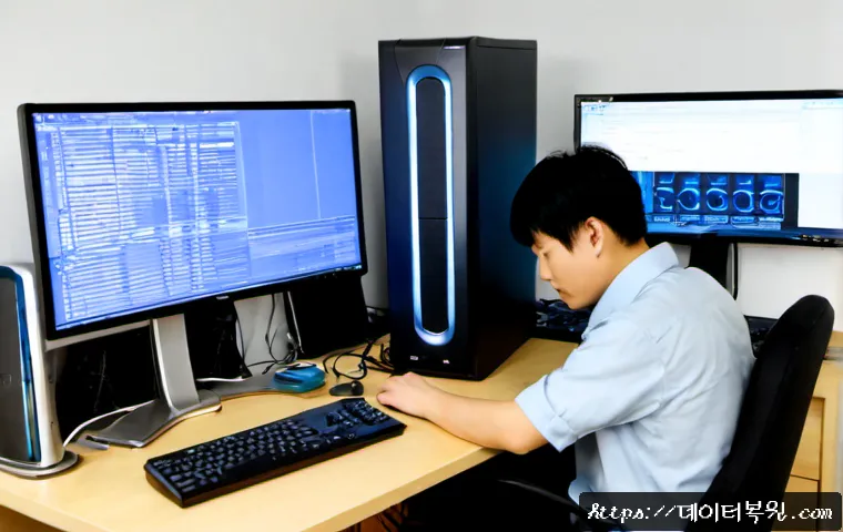 직동 KMODE_EXCEPTION_NOT_HANDLED - Photorealistic remote IT support workstation in a compact Korean apartment office, dual monitors sho...
