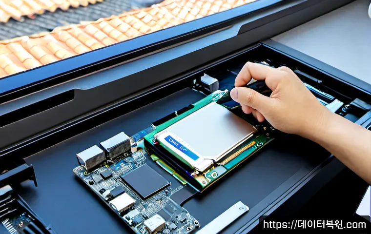 권농동 SSD조립 및 교체수리 - Photorealistic computer repair workstation in Gyeongju Gonnong-dong, technician installing a slim NV...
