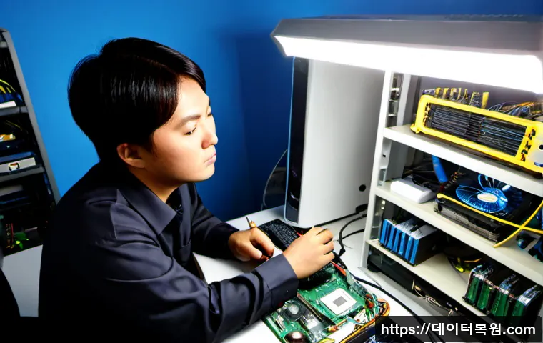 장안동 HARDWARE_FAILURE - Photorealistic IT repair workstation in a compact Jangandong electronics-service office, desktop tow...