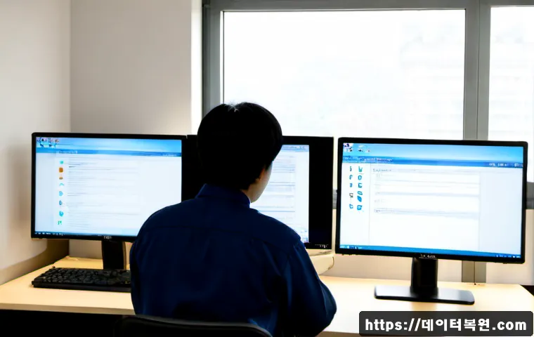경운동 VENDOR_DEFINED_ERROR - Photorealistic IT support workstation in a compact Gyeongun-dong office, dual monitors showing a cle...
