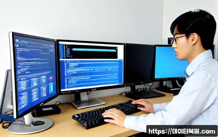교남동 STATUS_KERNEL_FILE_SYSTEM_ERROR - Photorealistic IT support workstation in a compact Jongno district office, dual monitors showing a g...