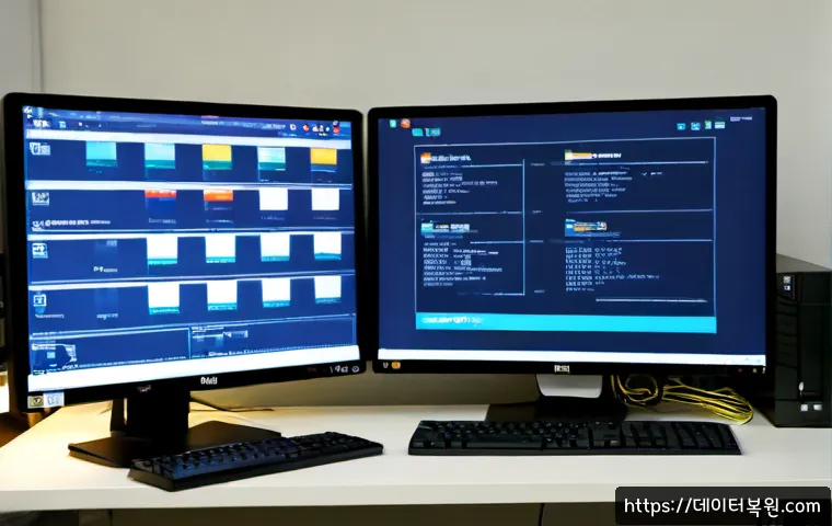 돈의동 STATUS_PAGEFILE_MISSING - Photorealistic IT support workstation in Donui-dong, dual monitors showing a clean abstract status d...