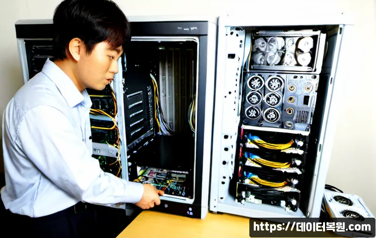 장충동 파워조립 및 교체수리 - Photorealistic PC repair workstation in a compact Jangchung-dong office, technician installing a new...