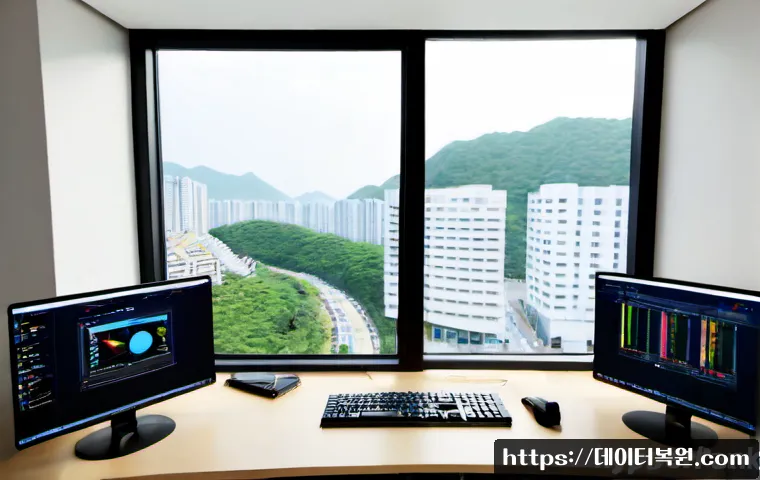 삼송동 HARDWARE_INTERRUPT_STORM - Photorealistic IT support workstation in a modern Samsong-dong apartment office, dual monitors showi...