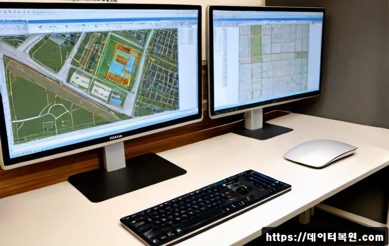 설문동 STATUS_UNSUCCESSFUL - Photorealistic architectural CAD workstation in a modern survey office, dual monitors showing a comp...