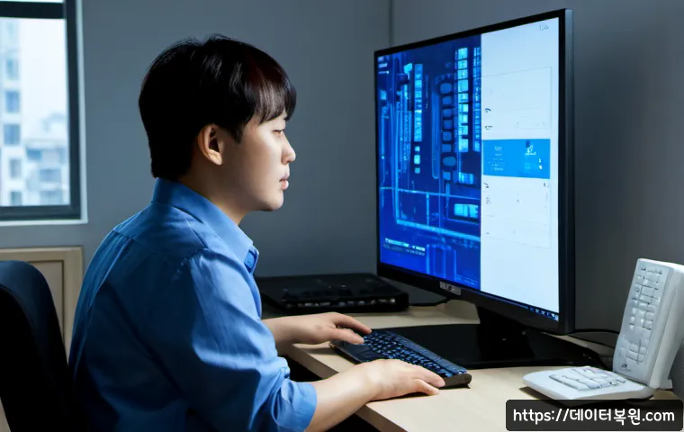 사리현동 IRQL_NOT_LESS_OR_EQUAL - Photorealistic IT support workstation in a compact residential office, dual monitors showing an abst...