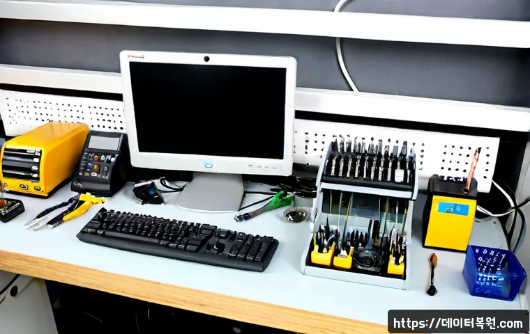 문배동 맥미니 판매 및 수리 - Photorealistic compact desktop computer repair bench in a quiet Yongsan workshop, small silver mini ...