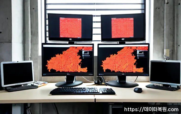충정로 WATCHDOG_VIOLATION - Photorealistic IT support workstation in a compact Chungjeong-ro office, dual monitors showing abstr...