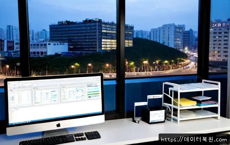 다동 MEMORY_MANAGEMENT - Photorealistic modern workstation in Da-dong Seoul, focused software professional organizing layered...