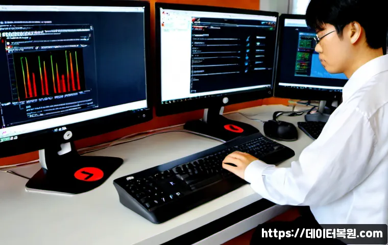 경운동 REGISTRY_ERROR - Photorealistic IT support workstation in a compact Jongno-style office, dual monitors showing a clea...