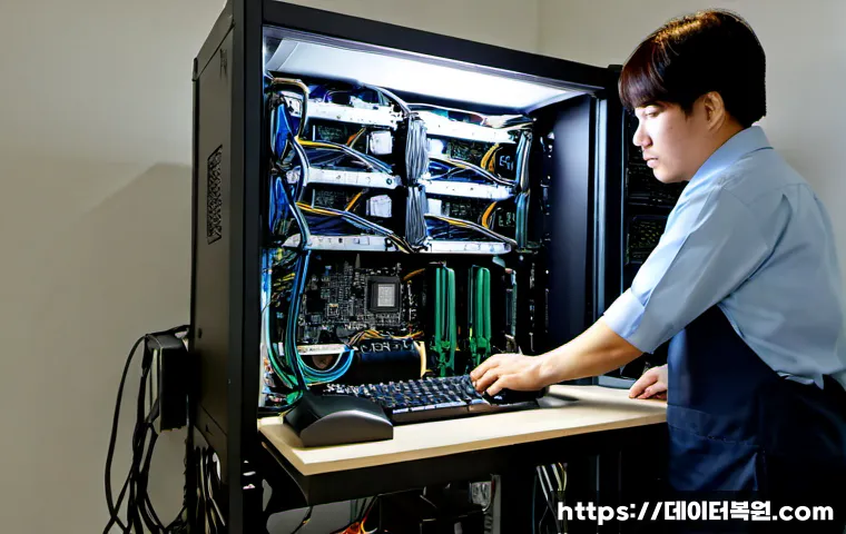 대덕동 파워조립 및 교체수리 - Photorealistic computer repair workstation in Daedeok-dong, technician installing a new modular powe...