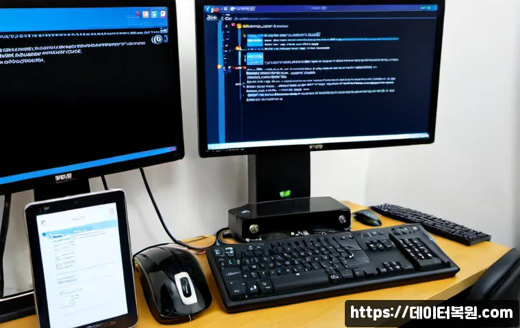 마천동 REGISTRY_ERROR - Photorealistic remote-support workstation in a compact apartment office, dual monitors showing an un...