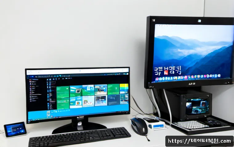관수동 pc복구중 - Photorealistic PC recovery workstation in a compact Kwangsu-dong repair office, technician reconnect...