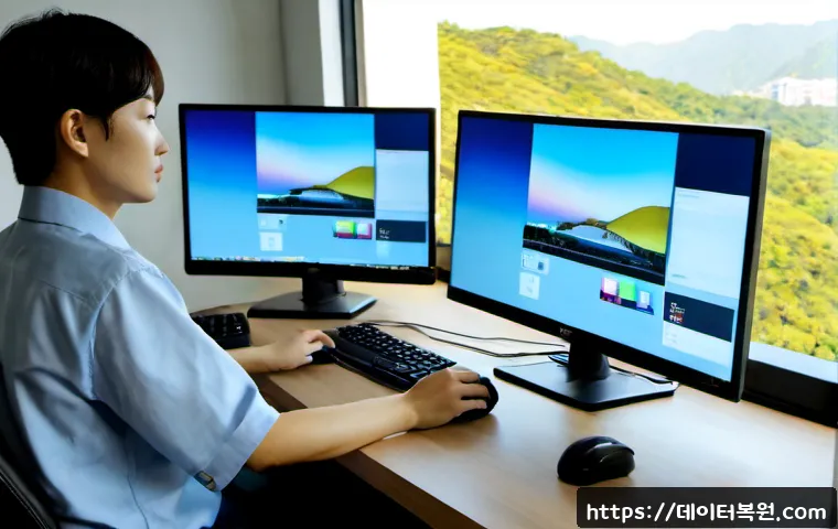 누상동 STATUS_IMAGE_CORRUPTION - Photorealistic remote-support workstation in a quiet Nuhadong apartment office, dual monitors showin...