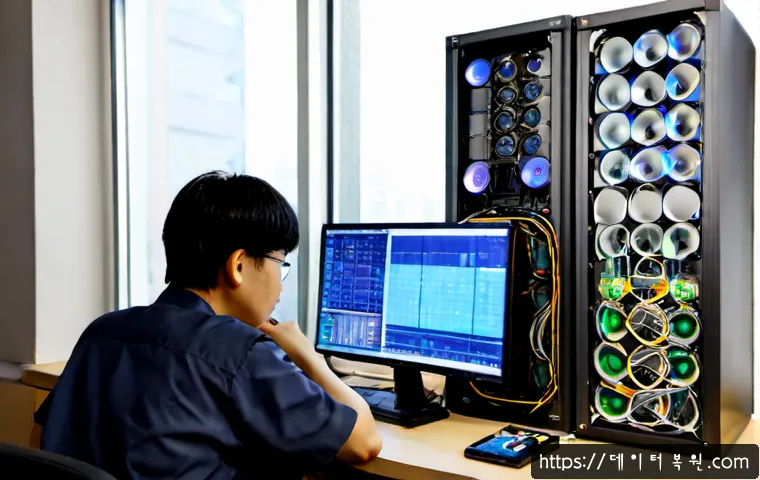 교북동 HARDWARE_INTERRUPT_STORM - Photorealistic electronics repair workstation in a compact Korean neighborhood office, desktop tower...