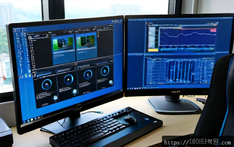 쌍령동 STATUS_KERNEL_DEVICE_ERROR - Photorealistic IT support workstation in a compact Gwangju suburban office, dual monitors showing ab...