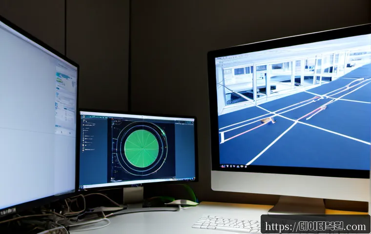 도림동 신호없음 - Photorealistic IT support workstation in a compact Dorim-dong office, technician checking a desktop ...