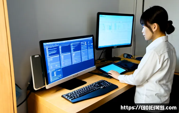 원당동 STATUS_KERNEL_MODULE_CORRUPTION - Photorealistic IT support workstation in a compact Korean apartment office, dual monitors showing ab...