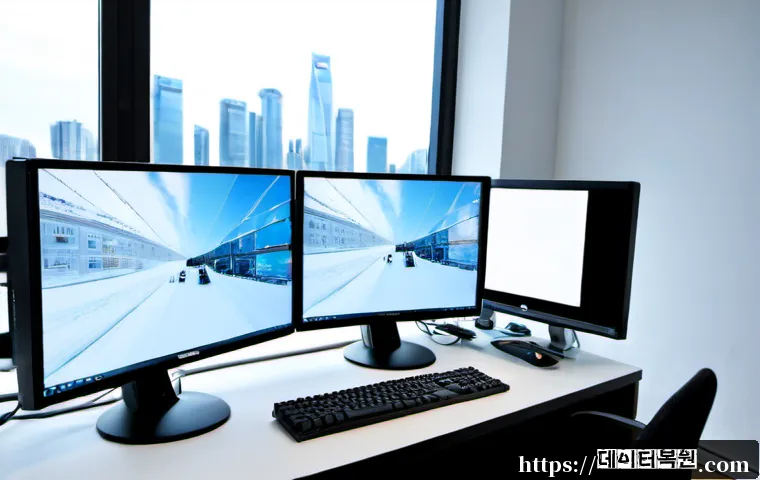 백석동 THREAD_STUCK_IN_DEVICE_DRIVER - Photorealistic modern PC repair workstation in a bright apartment office, dual monitors showing a fr...