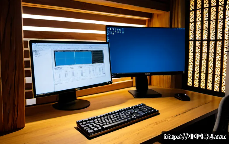 익선동 STATUS_DEVICE_NOT_READY - Photorealistic technical support workstation inside a renovated hanok-inspired studio, compact deskt...