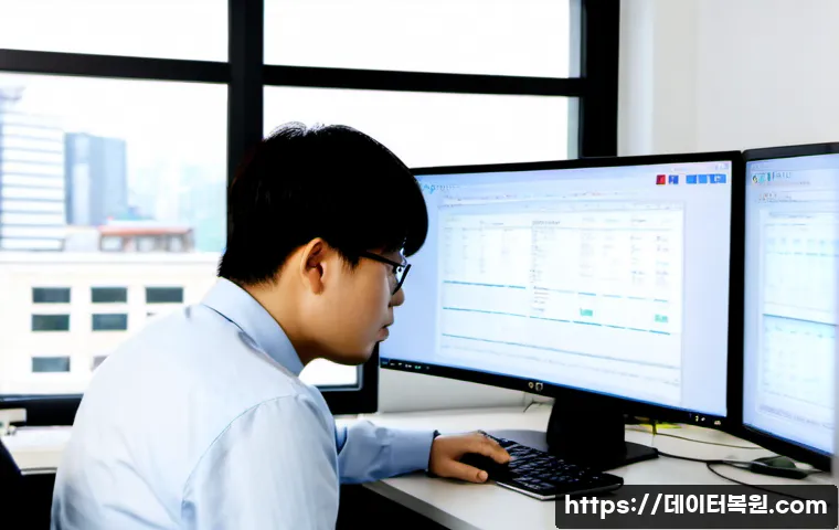 순화동 SOFTWARE_EXCEPTION - Photorealistic software engineer at a dual-monitor workstation in a modern Jung-gu office, investiga...