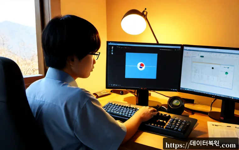 성북동 STATUS_INVALID_CALLER - Photorealistic remote-support workstation in a quiet hillside Seoul residence, dual monitors showing...