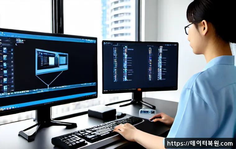 월계동 모니터화면 안나옴 - Photorealistic remote-support workstation in a compact Wolgye-dong apartment office, dual monitors w...