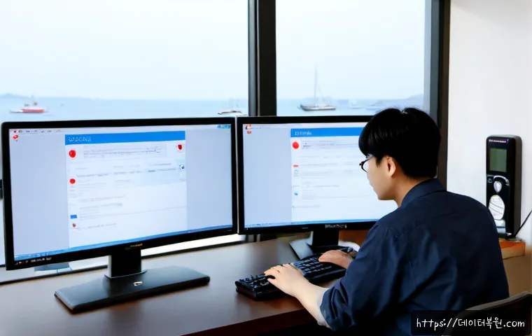장사동 STATUS_SYSTEM_LICENSE_INVALID - Photorealistic remote-support workstation in a compact Jangsa-dong office, dual monitors showing a b...