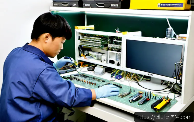 산림동 아이맥 판매 및 수리 - Photorealistic electronics repair bench in a compact Forest-dong computer shop, silver all-in-one de...