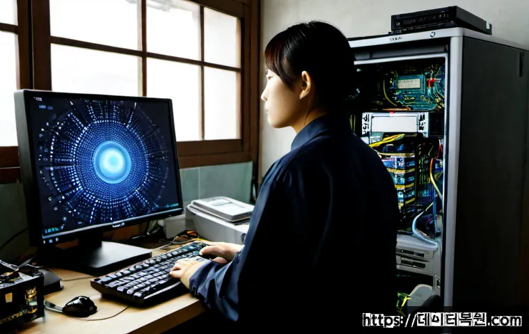 예관동 MACHINE_CHECK_EXCEPTION - Photorealistic compact PC repair workstation in a quiet old Seoul neighborhood workshop, technician ...