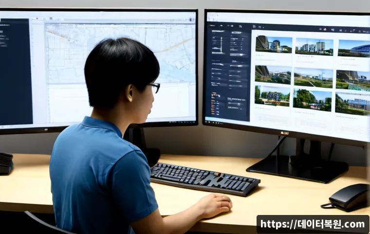 태평로 STATUS_SESSION_TIMEOUT - Photorealistic IT support workstation in a modern office near a broad historic boulevard, dual monit...