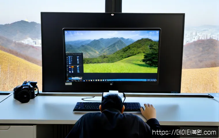 예장동 STATUS_INVALID_IMAGE_FORMAT - Photorealistic IT support workstation in a compact central Seoul office, dual monitors showing a bla...