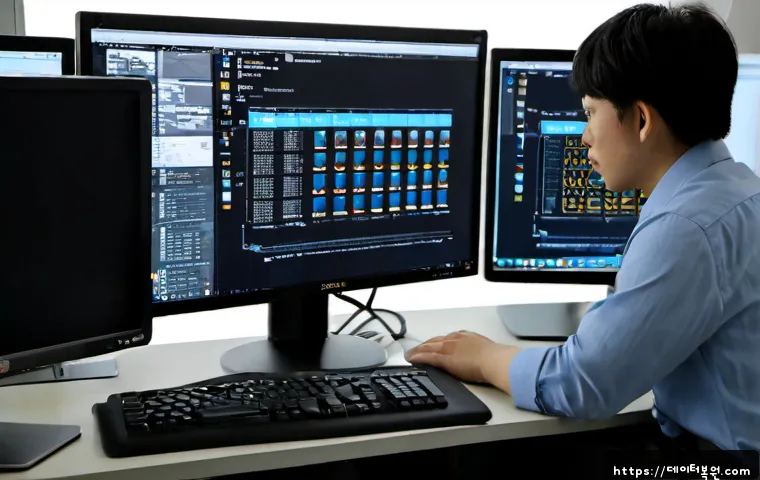 녹번동 SESSION3_INITIALIZATION_FAILED - Photorealistic IT support workstation in a compact Eunpyeong neighborhood office, dual monitors show...