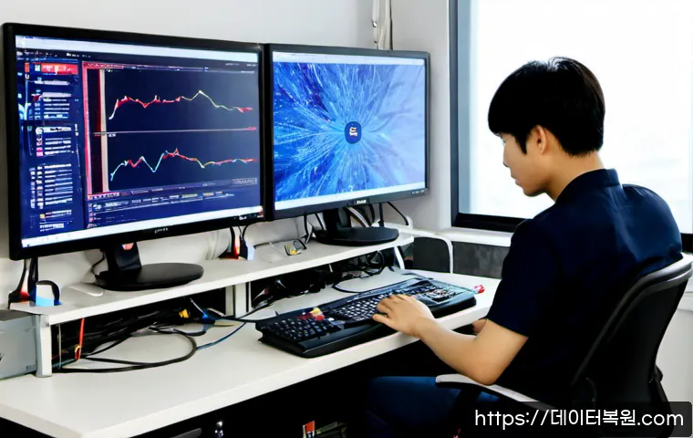 산황동 WATCHDOG_VIOLATION - Photorealistic IT support workstation in a quiet Korean low-rise office district, dual monitors show...