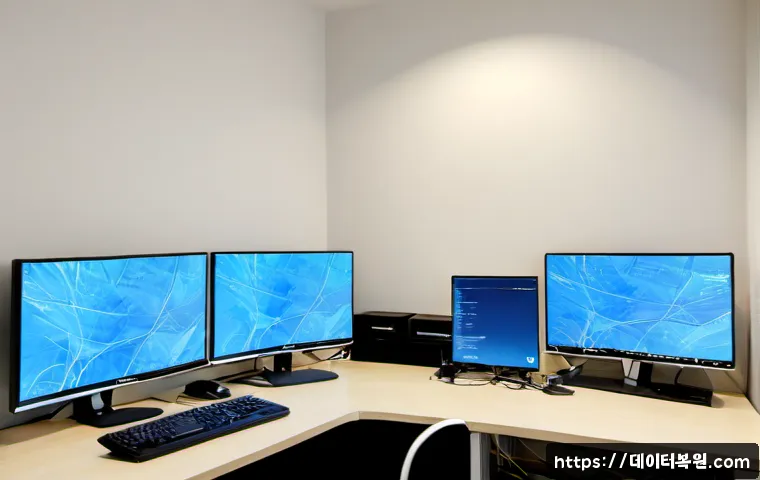 예장동 HAL_INITIALIZATION_FAILED - Photorealistic IT support workstation in a compact Yejang-dong office, dual monitors showing an abst...